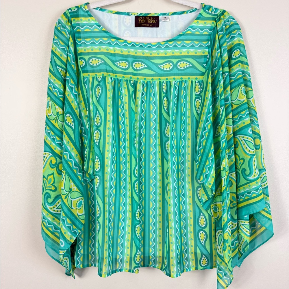 Bob Mackie Top Womens Medium Blue Green Sheer Flowy Long Sleeve Hippie Shirt NWT
